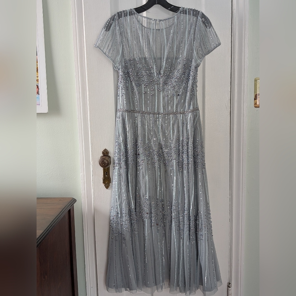 Aidan Mattox by Adrianna Papell Beaded Short Sleeve Midi Dress in Snow Globe